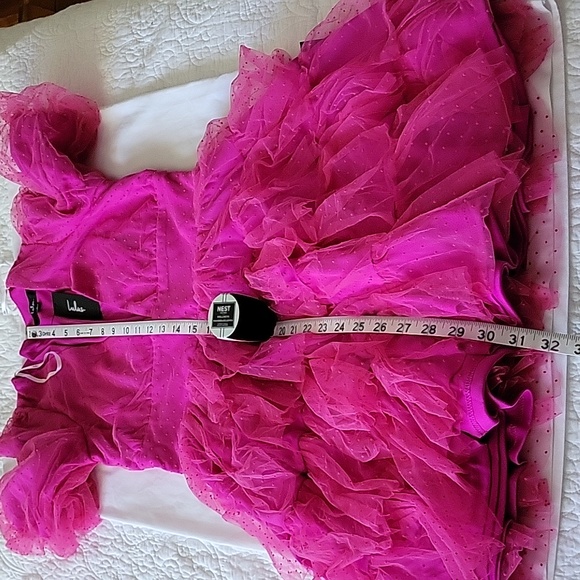 Lulus Women's Dramatic Poise Hot Pink Dot Tulle Puff Sleeve Tiered Mini … - Picture 12 of 15